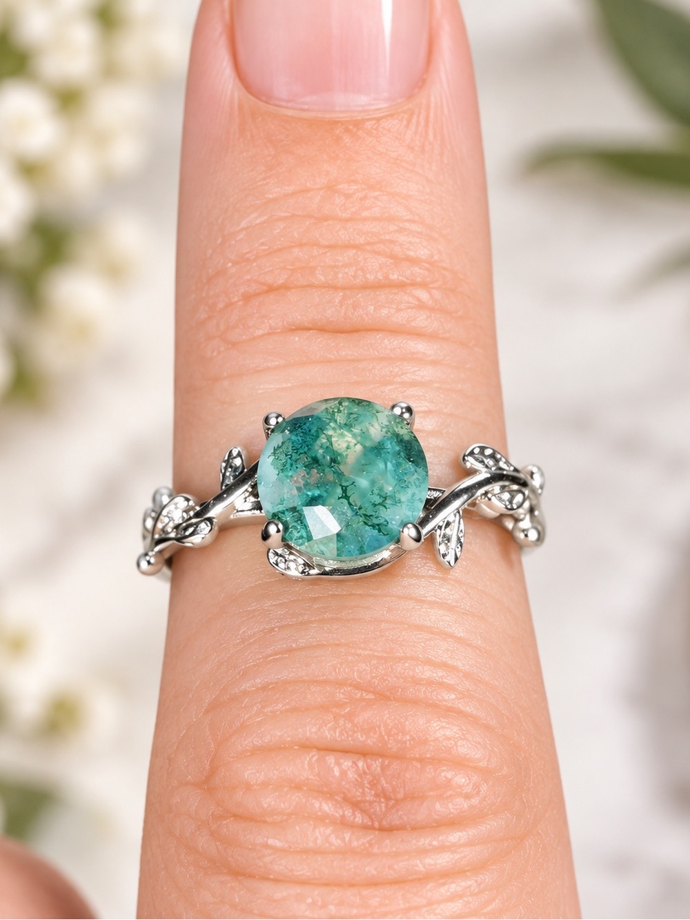 925 Sterling Silver Moss Agate Leaf Ring Size 7 Green Gemstone